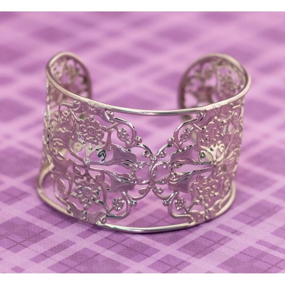 Vintage Art Nouveau Elven Floral Stylish Silver Tone Cuff Bracelet 7 inch - V2 - Picture 2 of 4